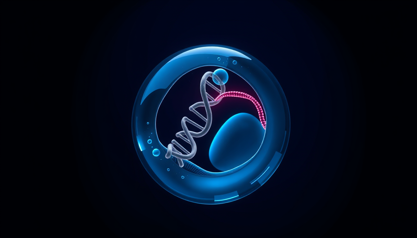Abstract scientific illustration of a mitochondrion with a short peptide ribbon emerging from a coiled RNA strand, dark navy rendering