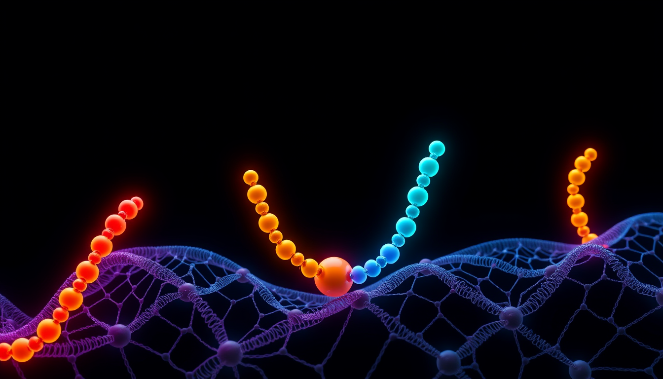 Abstract scientific illustration of four beaded peptide chains in red, orange and cyan rising from a purple collagen-fiber mesh with a copper-orange ion, dark navy rendering