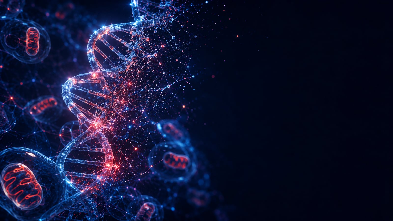 Cinematic visualization of a DNA helix, cells, and mitochondria representing cellular aging and longevity — American Peptides research education
