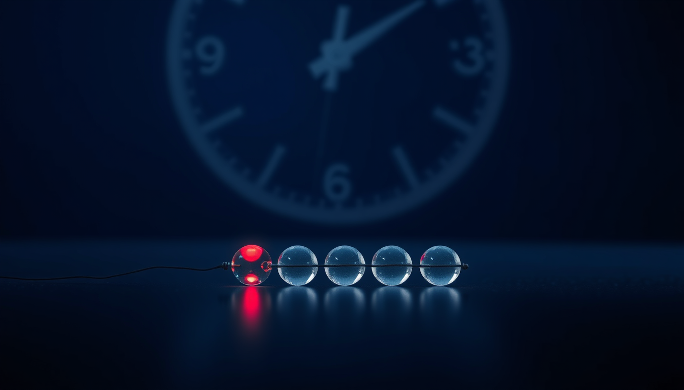 Abstract illustration of a four-bead glass peptide chain beside crystalline chromosome-end caps and a clock-like circadian ring, dark navy with red glow