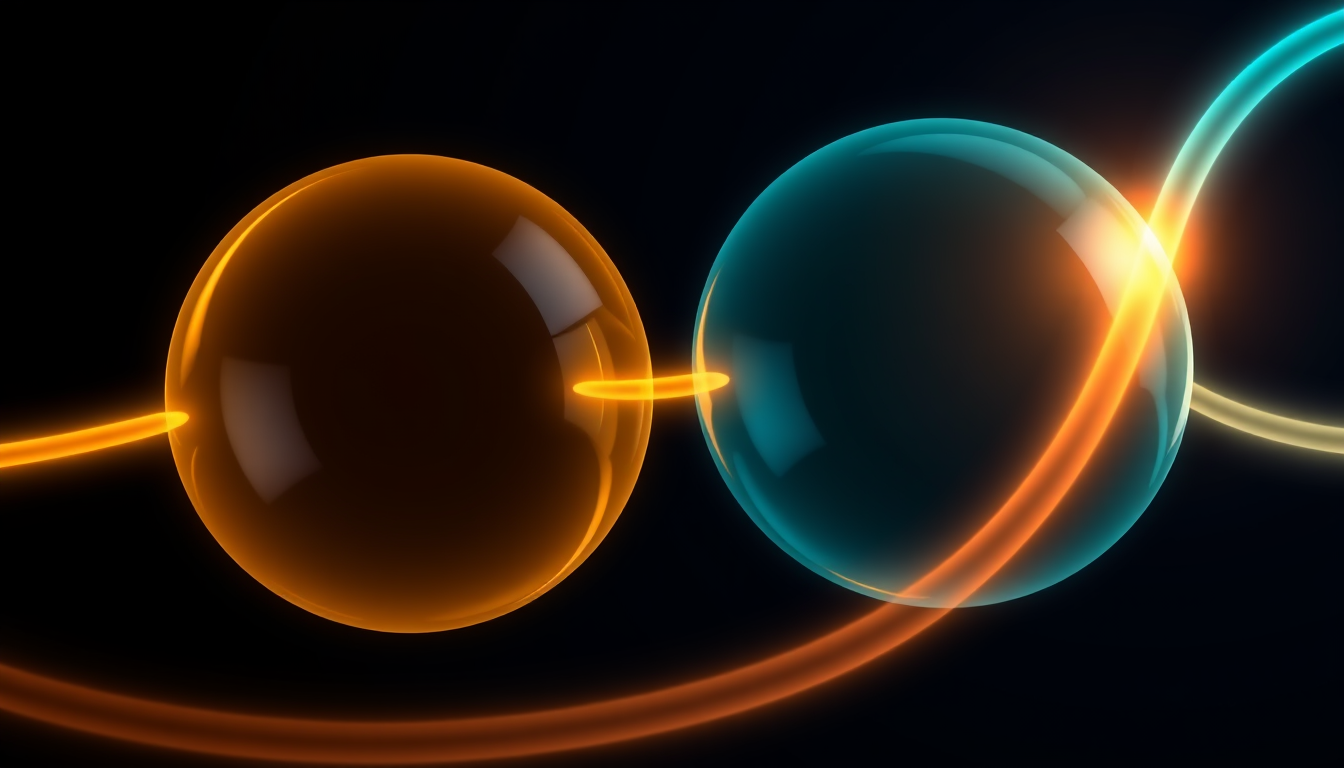 Abstract scientific illustration of two translucent glass receptor spheres in amber and teal linked by smooth glowing light ribbons, dark navy rendering