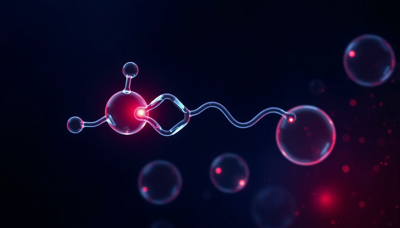 Abstract illustration of a glowing crystalline-glass dinucleotide molecule beside translucent mitochondria-like ovals with a red accent glow, dark navy