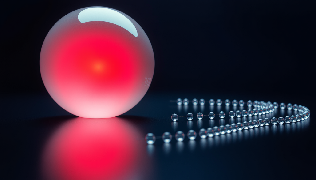 Abstract scientific illustration of a 29-bead peptide helix approaching a translucent glass receptor on a cell-surface plane, dark navy with red glow