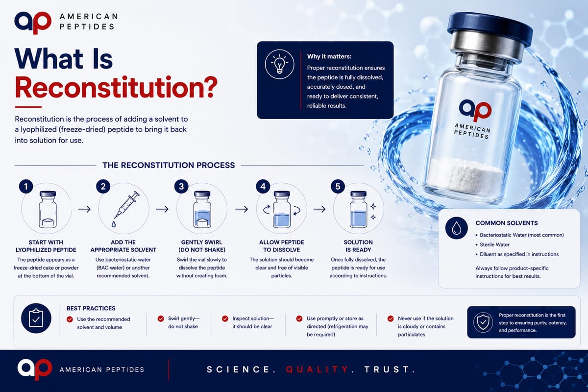 Infographic: what is reconstitution — dissolving a lyophilized peptide, solvent chemistry