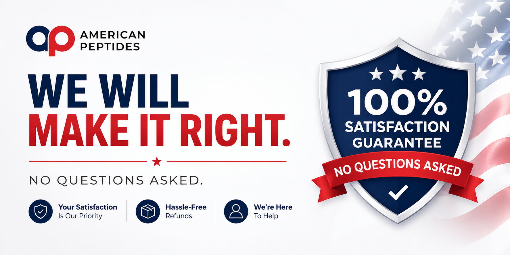 American Peptides — We Will Make It Right · 100% Satisfaction Guarantee · No Questions Asked